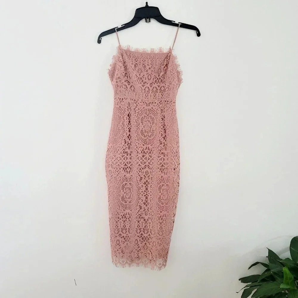 ASOS DESIGN Petite Square Neck Pencil Sheath Midi Lace Blush Pink Dress 0 XS NWT
